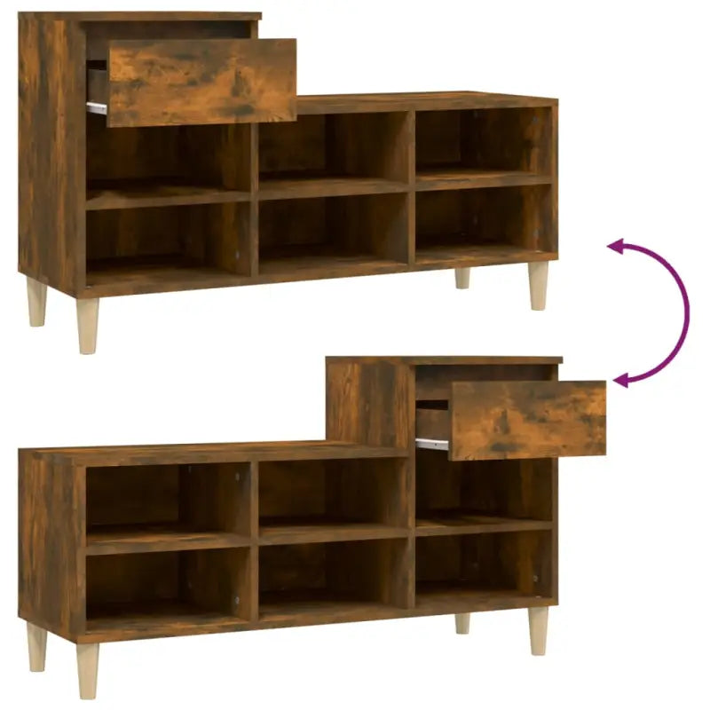 Elegante schoenenkast met bewerkt hout en houten poten voor een opgeruimd huis - Gerookt eiken / 1 - Schoenenrekken