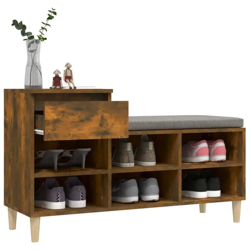 Elegante schoenenkast met bewerkt hout en houten poten voor een opgeruimd huis - Gerookt eiken / 1 - Schoenenrekken