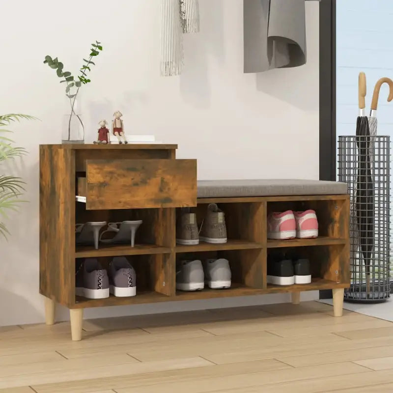 Elegante schoenenkast met bewerkt hout en houten poten voor een opgeruimd huis - Gerookt eiken / 1 - Schoenenrekken