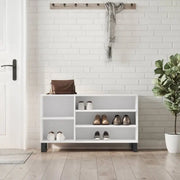 Elegante schoenenkast met bewerkt hout en metalen poten voor een opgeruimde ruimte - Schoenenrekken