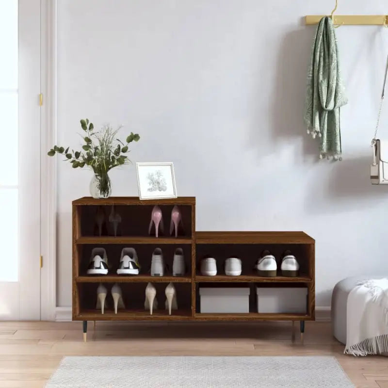 Elegante schoenenkast met bewerkt hout en metalen poten - bruin eikenkleur / 1 - Schoenenrekken