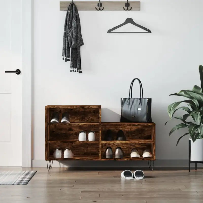 Elegante schoenenkast met bewerkt hout en metalen poten - Gerookt eiken / 1 - Schoenenrekken