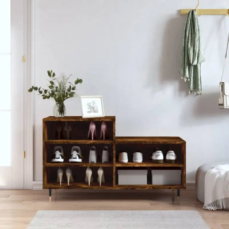 Elegante schoenenkast met bewerkt hout en metalen poten - Gerookt eiken / 1 - Schoenenrekken