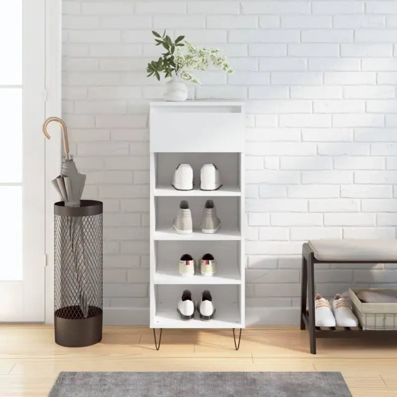 Elegante schoenenkast met bewerkt hout en metalen poten in hoogglans wit - Hoogglans wit / 1 - Schoenenrekken