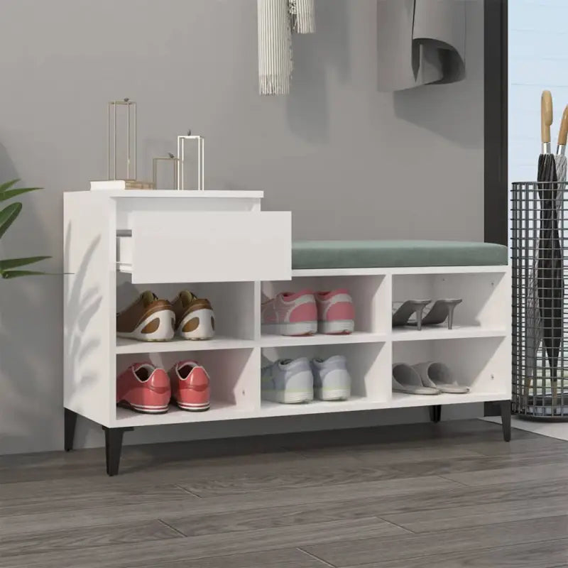 Elegante schoenenkast van bewerkt hout en met metalen poten in hoogglans wit - Schoenenrekken