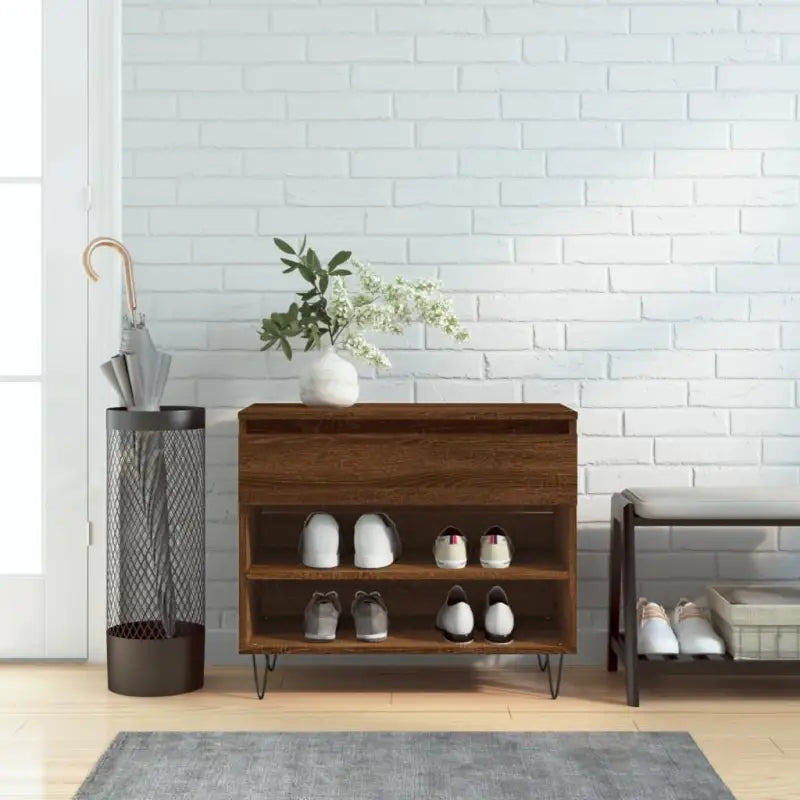 Elegante schoenenkast van bewerkt hout met metalen poten voor een opgeruimde ruimte - bruin eikenkleur / 1