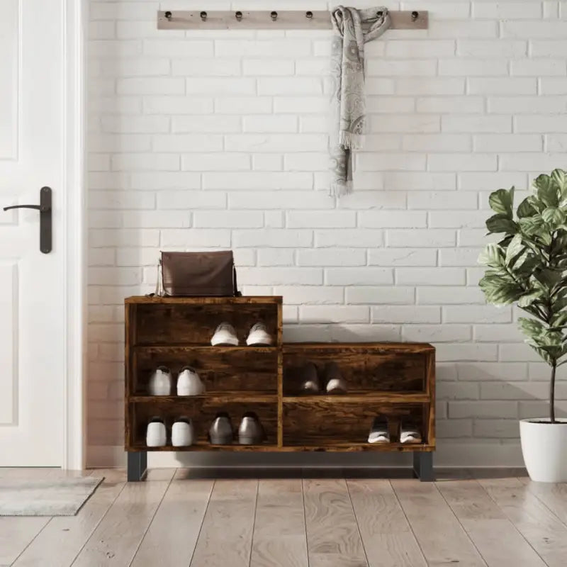 Elegante schoenenkast van bewerkt hout met metalen poten voor een opgeruimd huis - Gerookt eiken / 1 - Schoenenrekken
