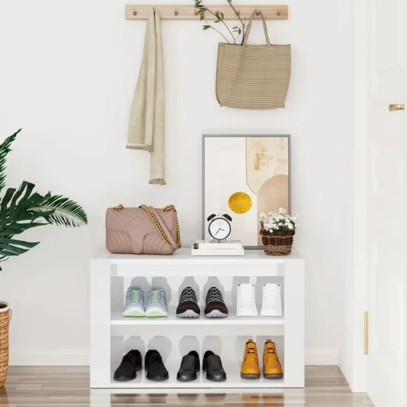 Elegante schoenenrek van bewerkt hout in hoogglans wit - Schoenenrekken