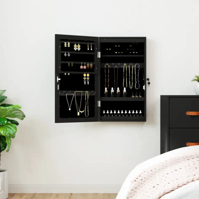 Elegante sieradenkast met LED-verlichting en bewerkt hout - Zwart / 1 - Spiegels