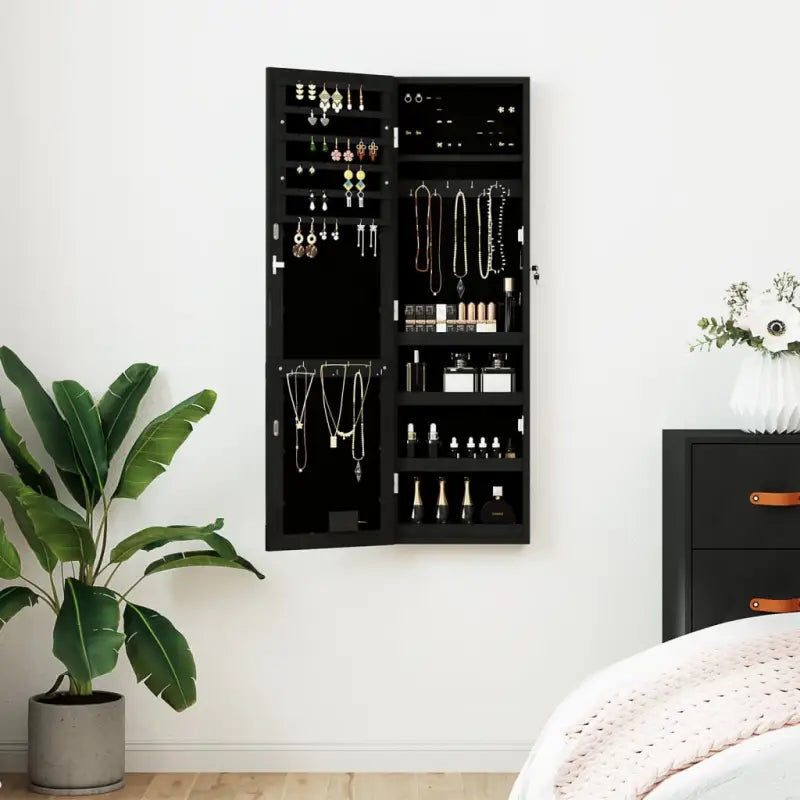 Elegante sieradenkast met LED-verlichting van duurzaam bewerkt hout - Zwart / 1 - Spiegels