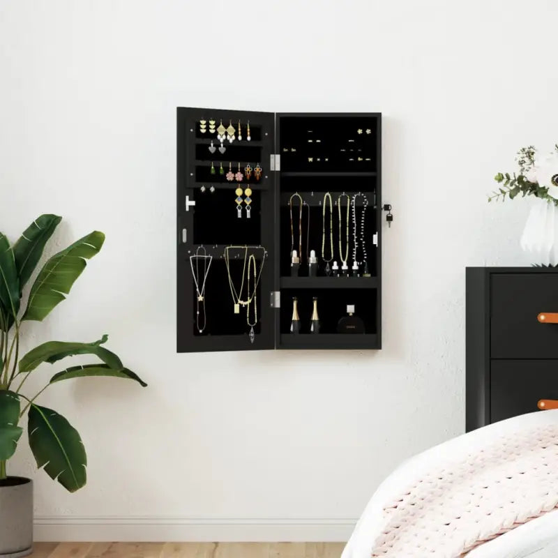 Elegante sieradenkast met spiegel en bewerkt hout - Zwart / 1 - Spiegels