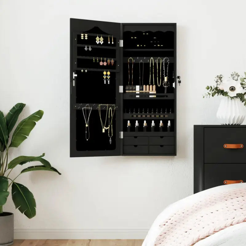 Elegante sieradenkast met spiegel en bewerkt hout - Zwart / 1 - Spiegels