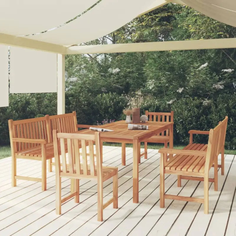 Elegante tuinset van fijn geschuurd hard teakhout voor dineren en ontspannen - 2x Bank + 2x stoel + Tafel - Tuinsets