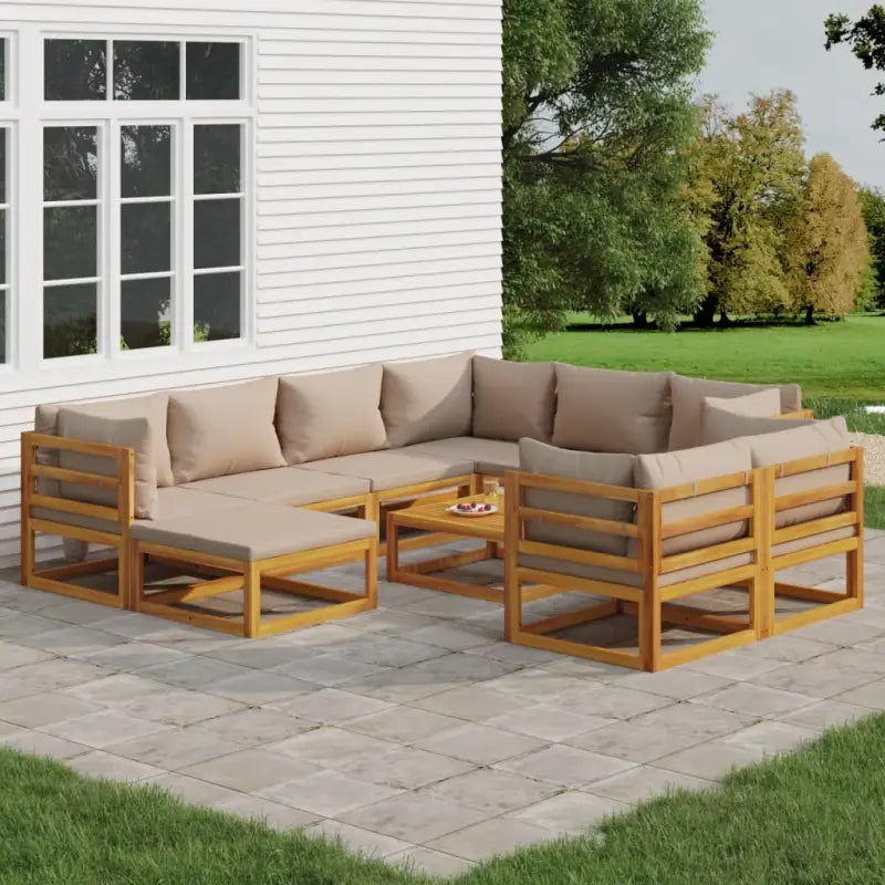 Elegante tuinset van massief acaciahout met comfortabele afmetingen rugkussen - Taupe / 5x hoek + 3x midden
