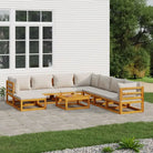 Elegante tuinset van massief acaciahout met comfortabele afmetingen rugkussen - Lichtgrijs / 3x hoek + 4x midden