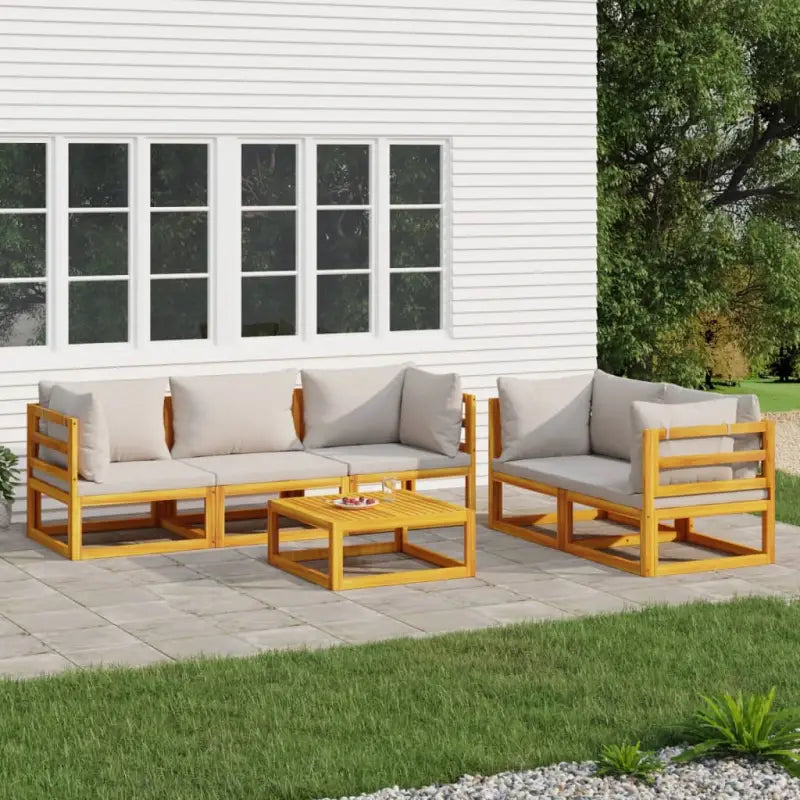 Elegante tuinset van massief acaciahout met comfortabele afmetingen rugkussen - Lichtgrijs / 4x hoek + midden + Tafel