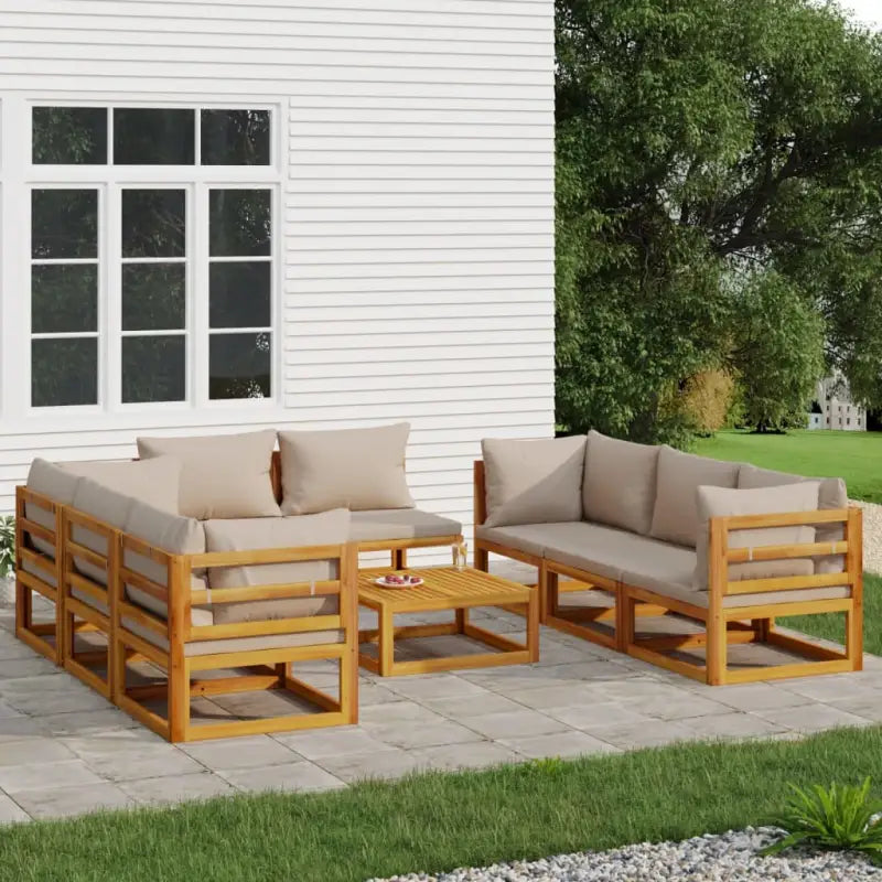Elegante tuinset van massief acaciahout met comfortabele afmetingen rugkussen - Taupe / 4x hoek + 4x midden + Tafel