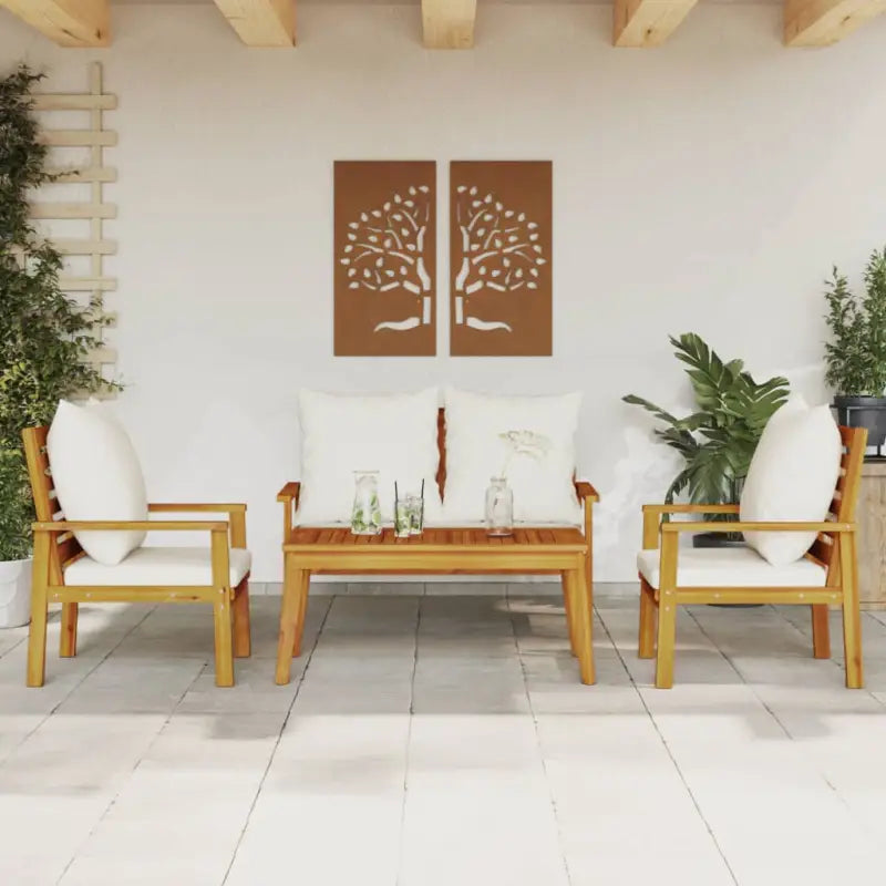 Elegante tuinset van massief acaciahout met olieafwerking en eenvoudige schoonmaak - Bruin en wit / 2x chair + bench