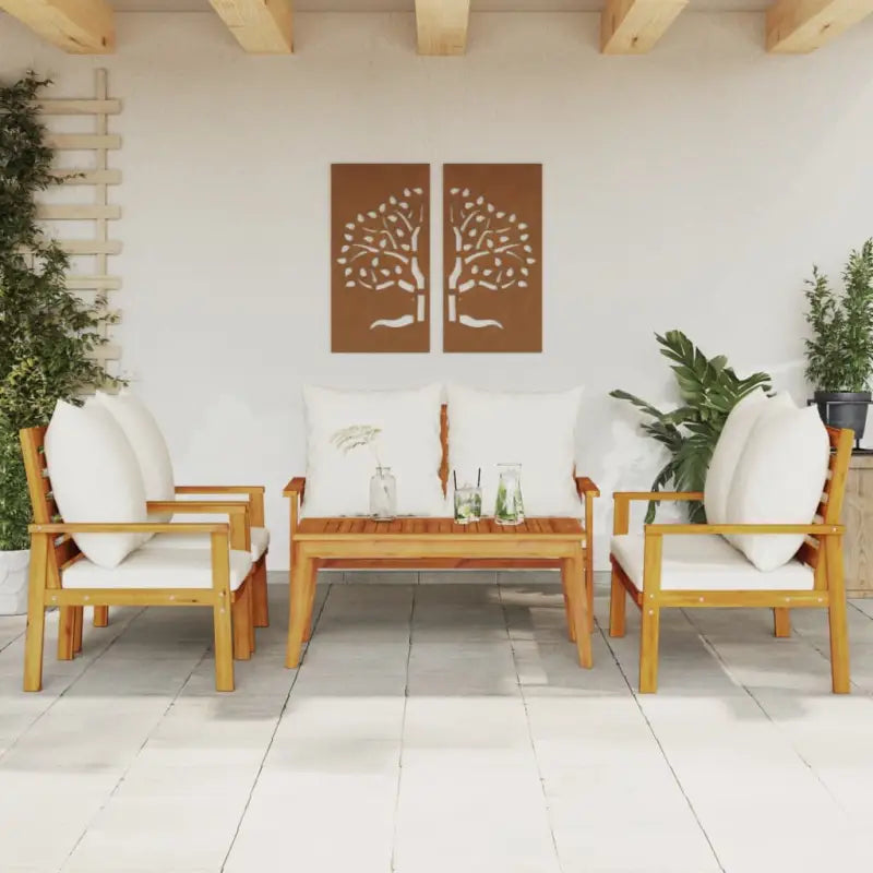 Elegante tuinset van massief acaciahout met olieafwerking en eenvoudige schoonmaak - Bruin en wit / 2x chair + 2x bench