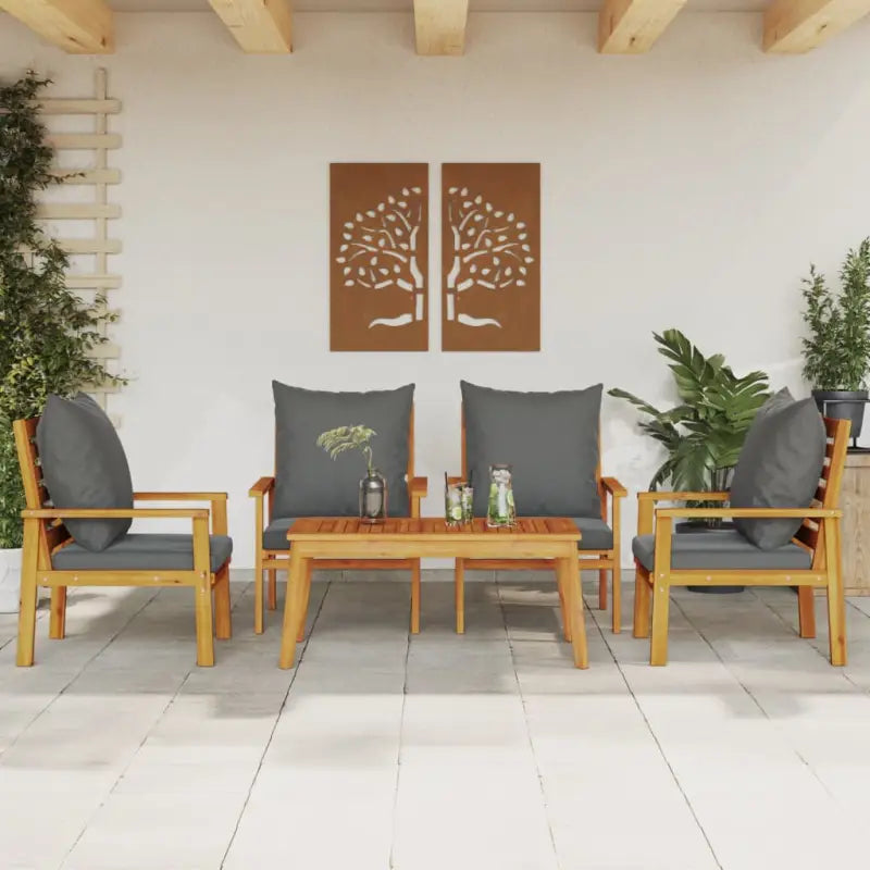 Elegante tuinset van massief acaciahout met olieafwerking en eenvoudige schoonmaak - Bruin en grijs / 4x stoel + tafel