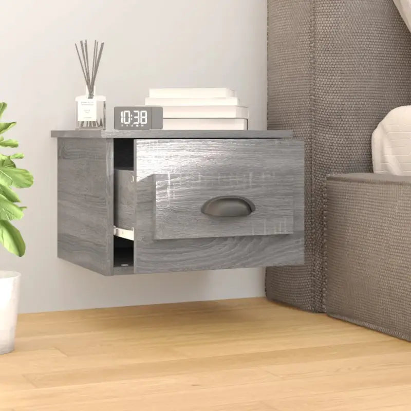 Elegante wandgemonteerde nachtkastje in grijs sonoma eiken design - Nachtkastjes