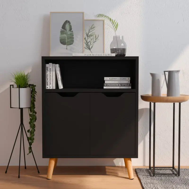 Ervaar elegantie met een dressoir van hoogglans wit en bewerkt hout - Zwart / 1 - Dressoirs & buffetkasten