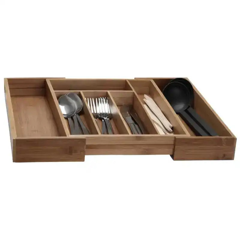 Expandable bamboo drawer organizer with compartments for storing utensils.