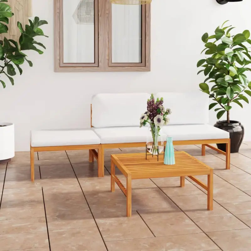 Fijn geschuurde houten tuinset met zachte kussens voor buitenplezier - Crème / 2x midden + voetensteun + Tafel