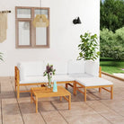 Fijn geschuurde houten tuinset met zachte kussens voor buitenplezier - Crème / 2x hoek + midden + voetensteun + Tafel