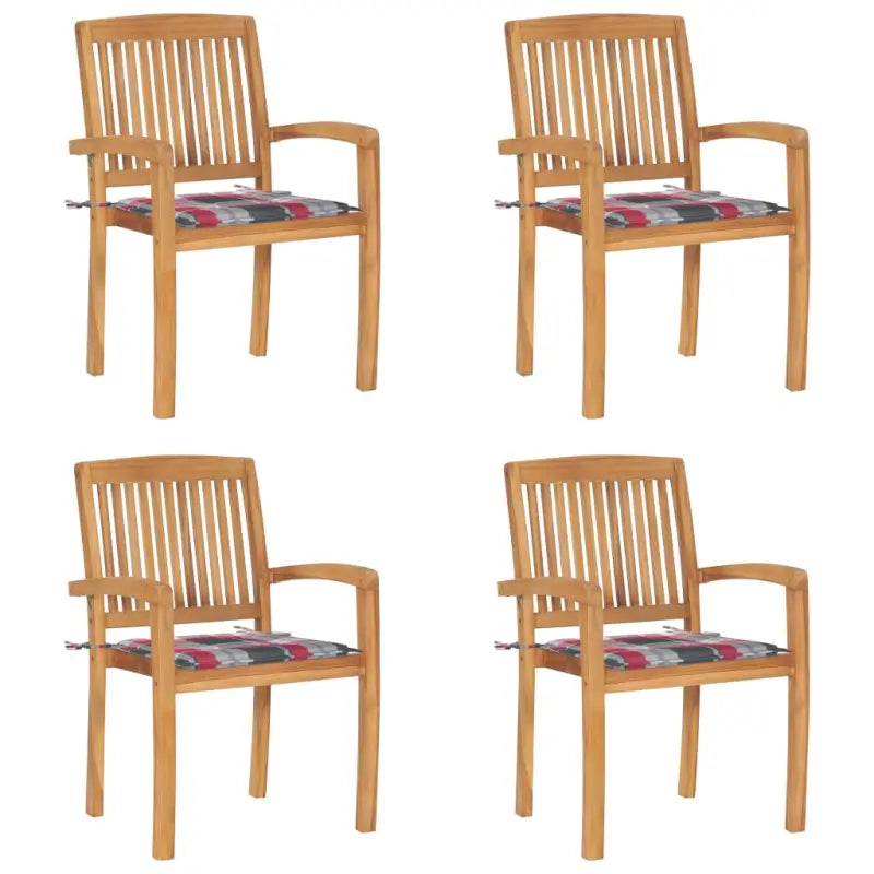 Fijn geschuurde teakhouten tuinstoelen met vintage uitstraling - Rood ruitpatroon / 4 - Tuinstoelen