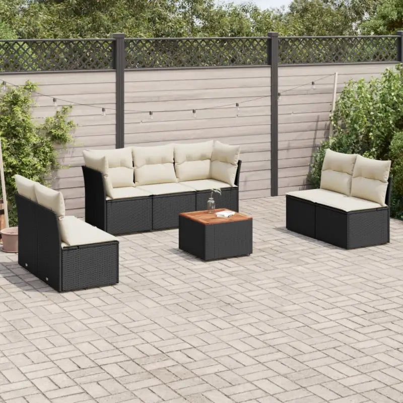Gepoedercoat staal loungeset met poly rattan voor buitenplezier - Zwart en crème / 5x midden + Tafel + 2x hoek