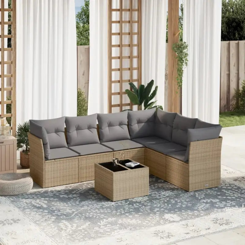 Gepoedercoat staal loungeset met poly rattan voor comfortabele zitervaring - Beige en grijs / Met tafel - Tuinsets