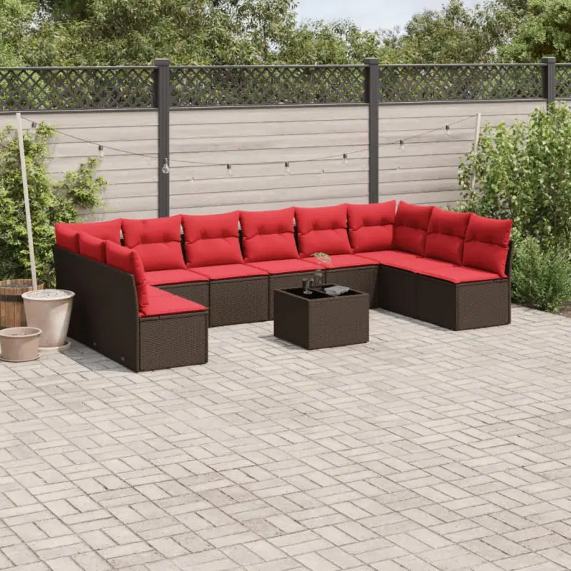 Gepoedercoat staal loungeset met poly rattan voor comfortabele zitervaring - Bruin en rood / Met tafel - Tuinsets