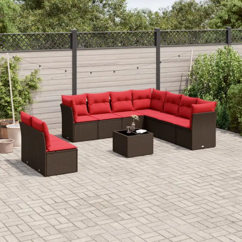 Gepoedercoat staal loungeset met poly rattan voor een comfortabele zitervaring - Bruin en rood / Met tafel - Tuinsets