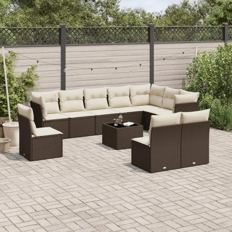 Gepoedercoat staal loungeset met poly rattan voor een comfortabele zitervaring - Bruin en crème / Met tafel - Tuinsets