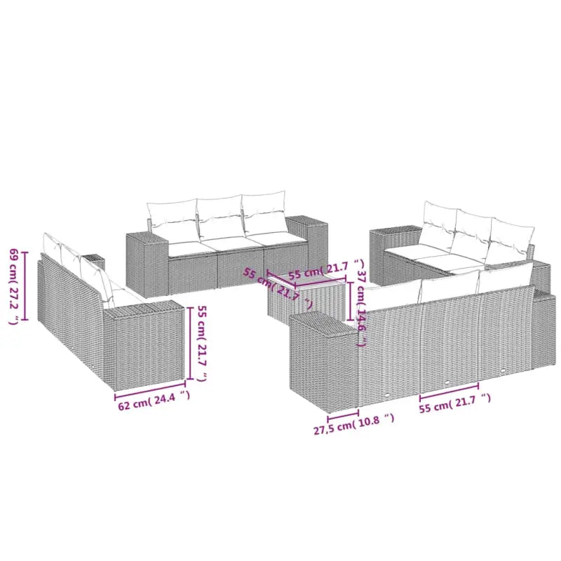 Gezellige grijze loungeset met gepoedercoat staal en afmetingen - Tuinsets
