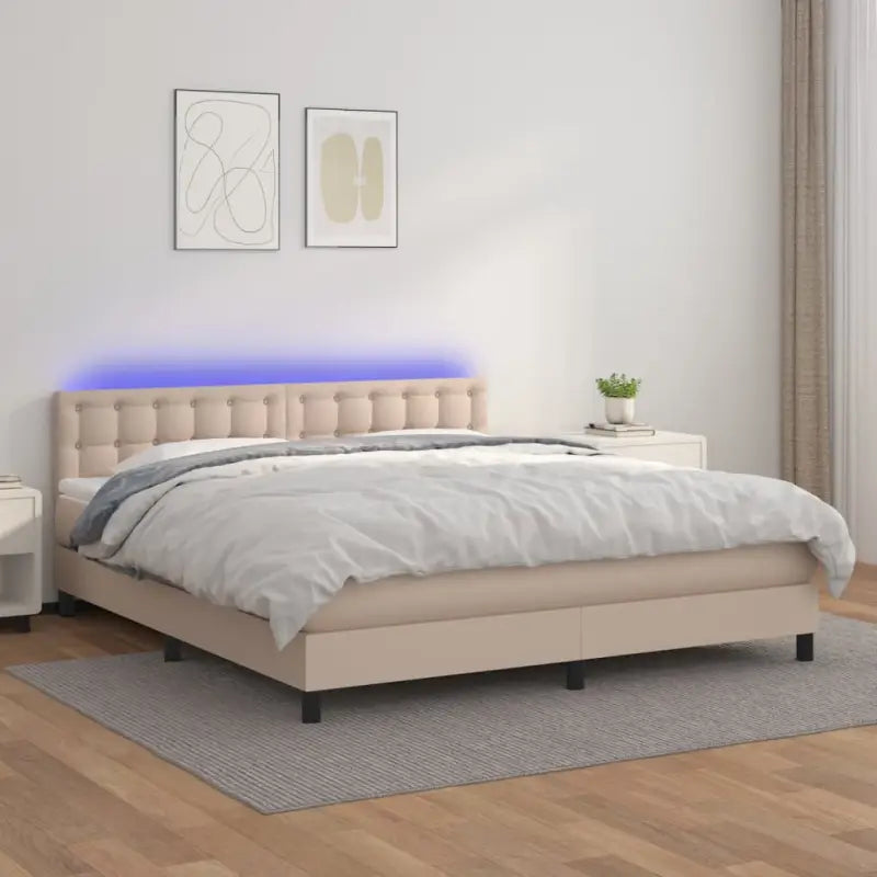 Grijze boxspring met matras en LED voor een rustgevende slaapkamer - Cappuccino / 180 x 200 cm / knoppwn - Bedden &