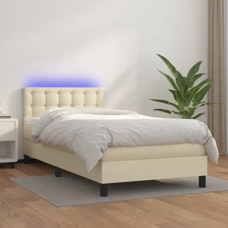 Grijze boxspring met matras en LED voor een rustgevende slaapkamer - Crème / 100 x 200 cm / knoppwn - Bedden & bedframes
