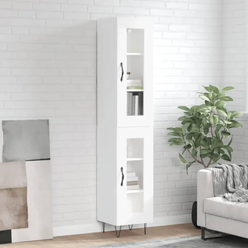 Grijze Sonoma hoge kast van bewerkt hout met duurzame charme - Hoogglans wit / 1 / 1 glazen deur - Dressoirs &