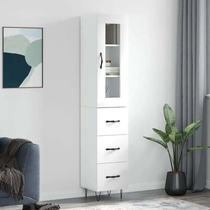 Grijze Sonoma hoge kast van bewerkt hout met duurzame charme - Hoogglans wit / 1 / 3 lades - Dressoirs & buffetkasten