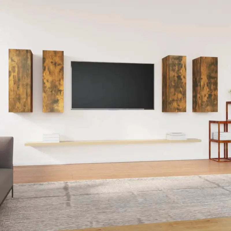 Hangende televisiekastenset van bewerkt hout voor een trendy woonkamer - Gerookt eiken / 4 / 90 cm - Tv-meubels