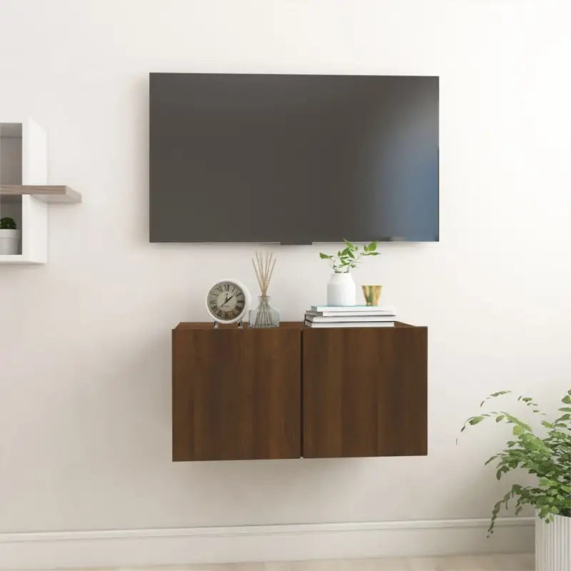 Hangende Tv-meubel in hoogglans wit met modern ontwerp - bruin eikenkleur / 1 - Tv-meubels