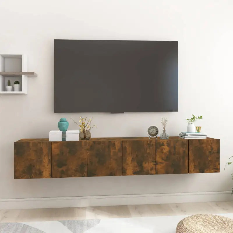 Hangende Tv-meubel in hoogglans wit met modern ontwerp - Gerookt eiken / 3 - Tv-meubels