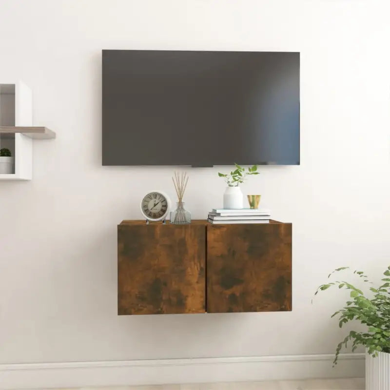 Hangende Tv-meubel in hoogglans wit met modern ontwerp - Gerookt eiken / 1 - Tv-meubels