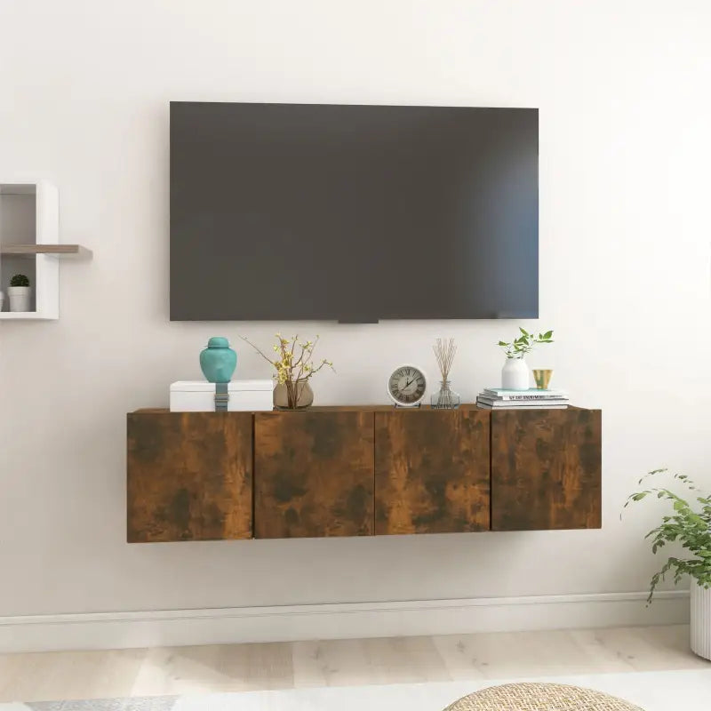 Hangende Tv-meubel in hoogglans wit met modern ontwerp - Gerookt eiken / 2 - Tv-meubels