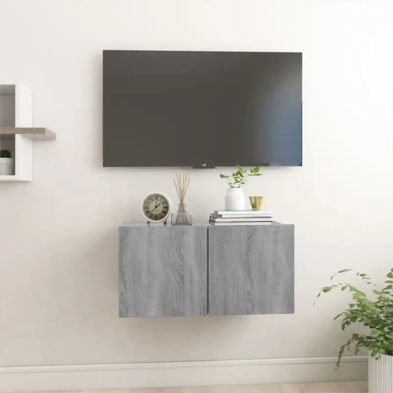 Hangende Tv-meubel in hoogglans wit met modern ontwerp - Grijs sonoma / 1 - Tv-meubels