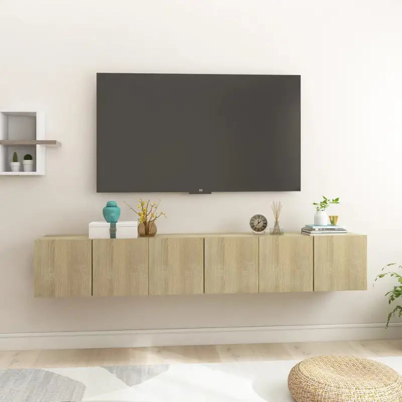 Hangende Tv-meubel in hoogglans wit met modern ontwerp - Sonoma eiken / 3 - Tv-meubels
