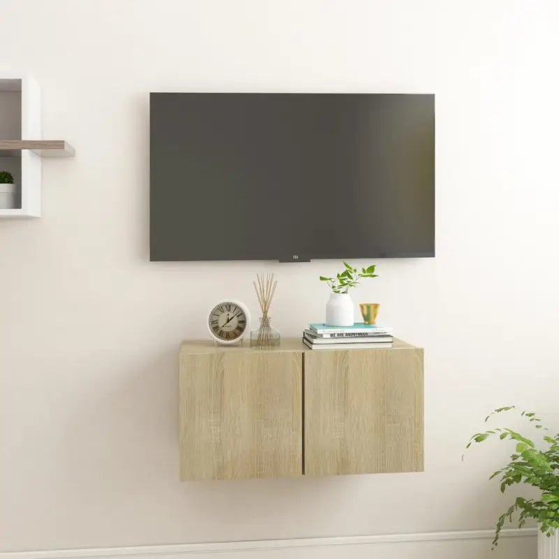 Hangende Tv-meubel in hoogglans wit met modern ontwerp - Sonoma eiken / 1 - Tv-meubels