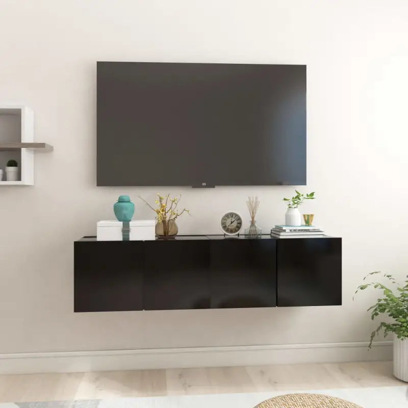 Hangende Tv-meubel in hoogglans wit met modern ontwerp - Zwart / 2 - Tv-meubels