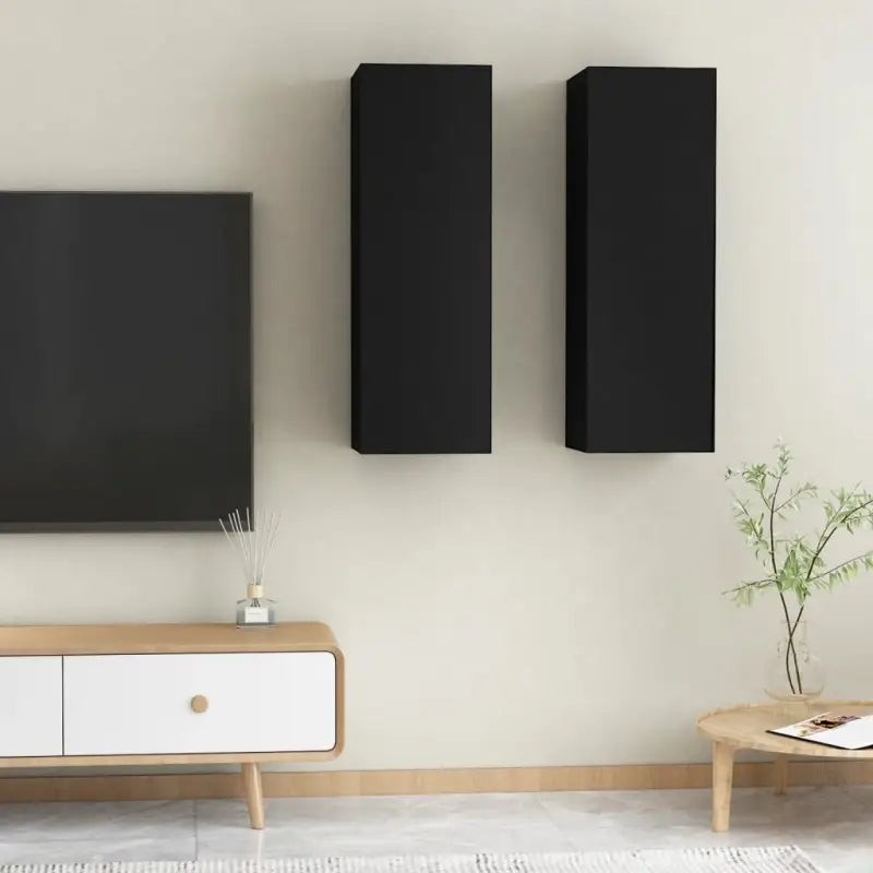 Hangende Tv-meubel van bewerkt hout voor een trendy woonkamer sfeer - Zwart / 2 / 90 cm - Tv-meubels